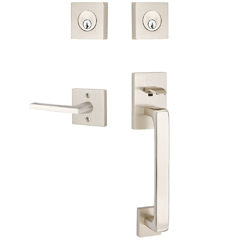 Emtek Baden Tubular Entrance Handleset with Helios Lever in Satin Nickel finish