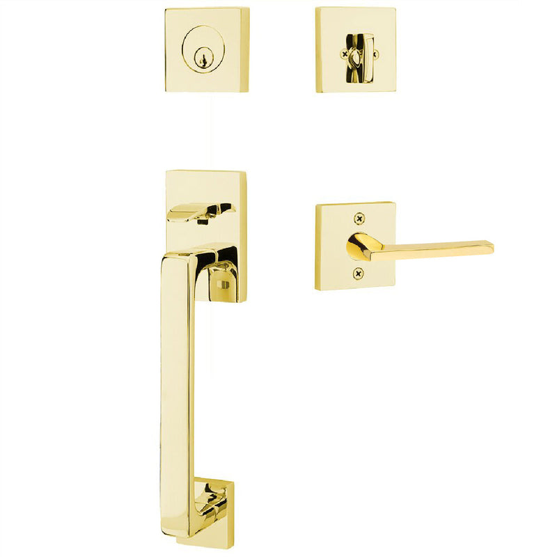 Emtek Baden Tubular Entrance Handleset with Helios Lever in Unlacquered Brass finish