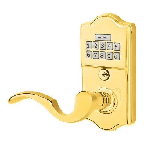 Emtek Classic Electronic Keypad Leverset with Left Handed Cortina Lever in Polished Brass finish