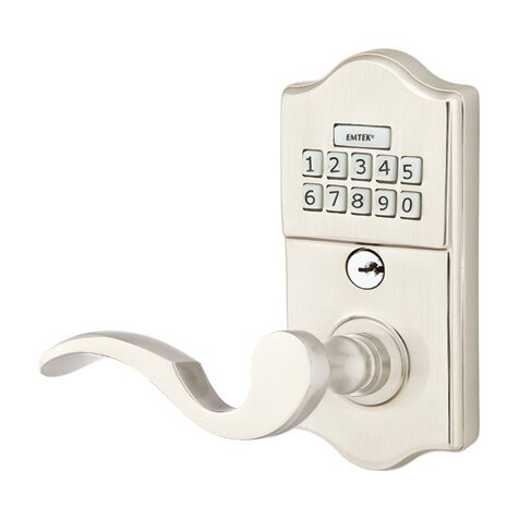 Emtek Classic Electronic Keypad Leverset with Left Handed Cortina Lever in Satin Nickel finish