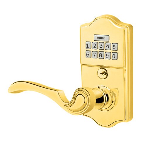 Emtek Classic Electronic Keypad Leverset with Left Handed Coventry Lever in Polished Brass finish