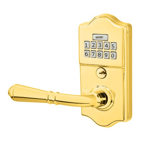 Emtek Classic Electronic Keypad Leverset with Left Handed Turino Lever in Polished Brass finish