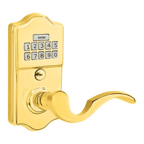 Emtek Classic Electronic Keypad Leverset with Right Handed Cortina Lever in Polished Brass finish