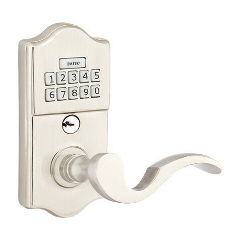 Emtek Classic Electronic Keypad Leverset with Right Handed Cortina Lever in Satin Nickel finish