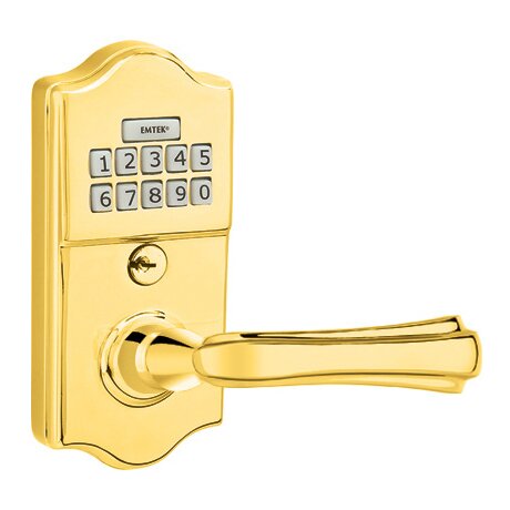 Emtek Classic Electronic Keypad Leverset with Right Handed Wembley Lever in Polished Brass finish