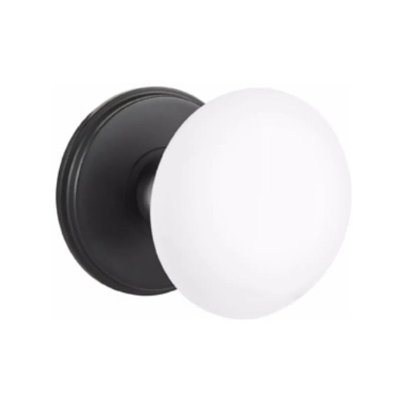 Emtek Concealed Passage Ice White Porcelain Knob With Watford Rosette in Flat Black finish