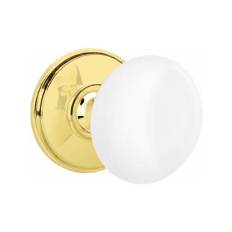 Emtek Concealed Passage Ice White Porcelain Knob With Watford Rosette in Polished Brass finish