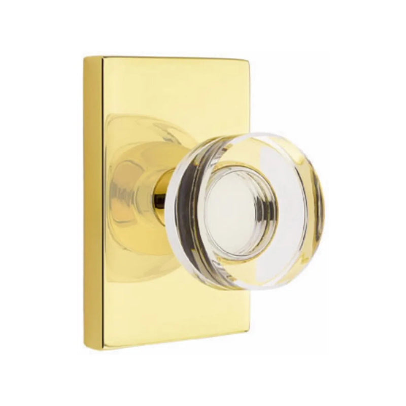 Emtek Concealed Passage Modern Disc Crystal Knob With Modern Rectangular Rosette in Unlacquered Brass finish