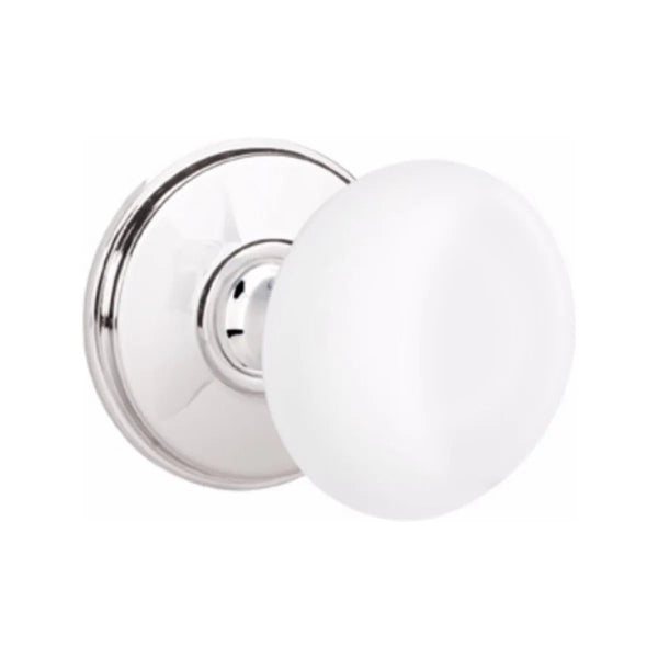 Emtek Concealed Privacy Ice White Porcelain Knob With Watford Rosette in Polished Chrome finish