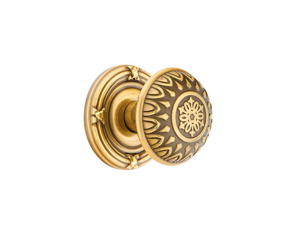 Emtek Concealed Privacy Lancaster Knob With Ribbon & Reed Rosette in French Antique finish