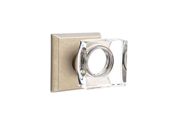 Emtek Concealed Privacy Modern Square Crystal Knob With #6 Rosette in Tumbled White Bronze finish