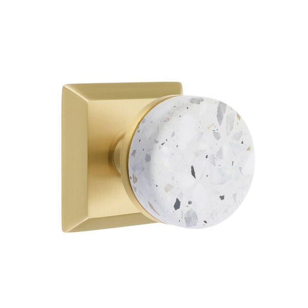 Emtek Dummy Pair Select Conical Terrazzo Knob with Quincy Rosette in Satin Brass finish