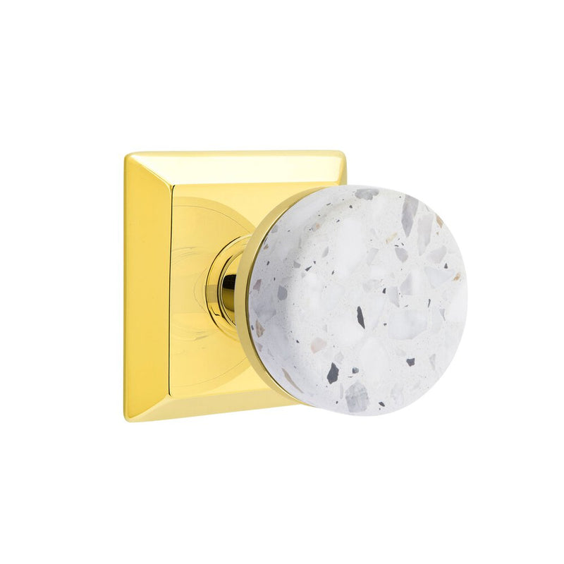 Emtek Dummy Pair Select Conical Terrazzo Knob with Quincy Rosette in Unlacquered Brass finish