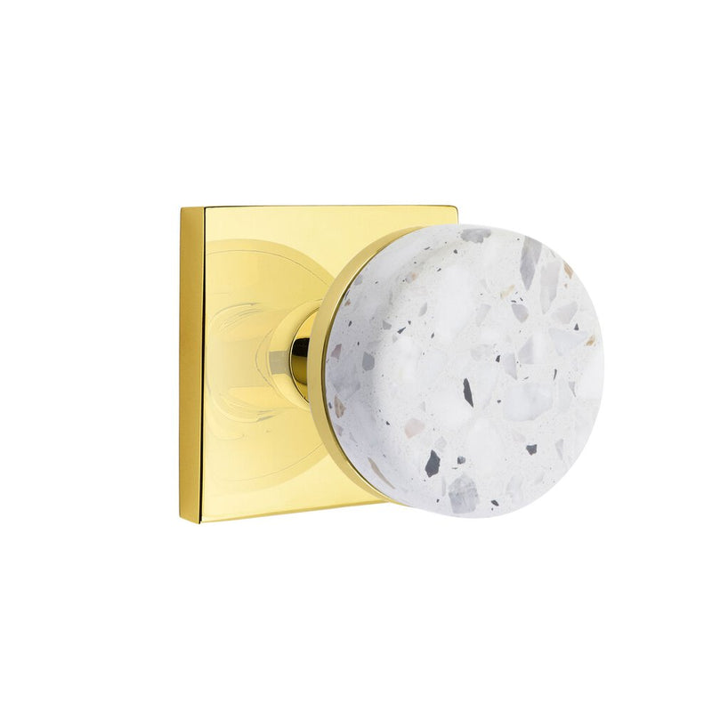 Emtek Dummy Pair Select Conical Terrazzo Knob with Square Rosette in Unlacquered Brass finish