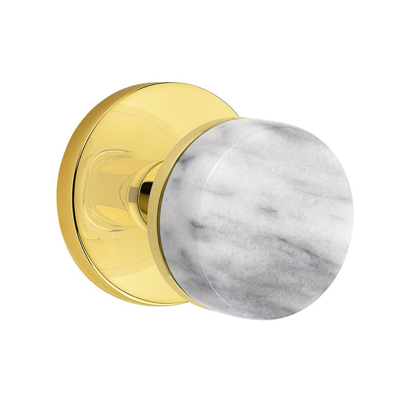 Emtek Dummy Pair Select Conical White Marble Knob with Disk Rosette in Unlacquered Brass finish