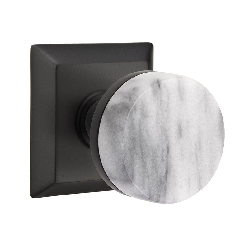Emtek Dummy Pair Select Conical White Marble Knob with Quincy Rosette in Flat Black finish