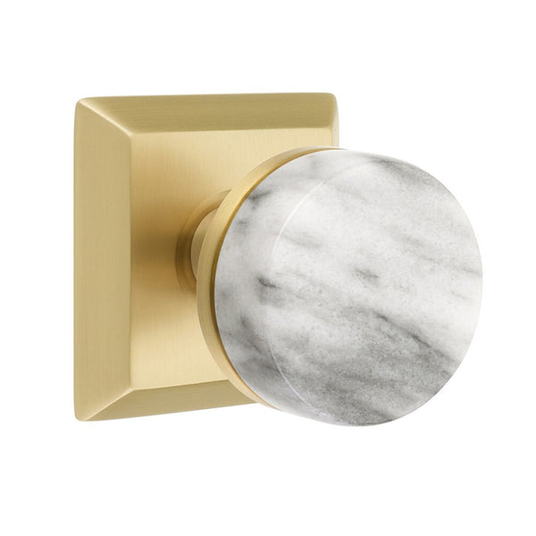 Emtek Dummy Pair Select Conical White Marble Knob with Quincy Rosette in Satin Brass finish