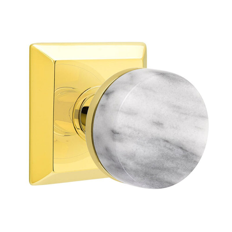 Emtek Dummy Pair Select Conical White Marble Knob with Quincy Rosette in Unlacquered Brass finish