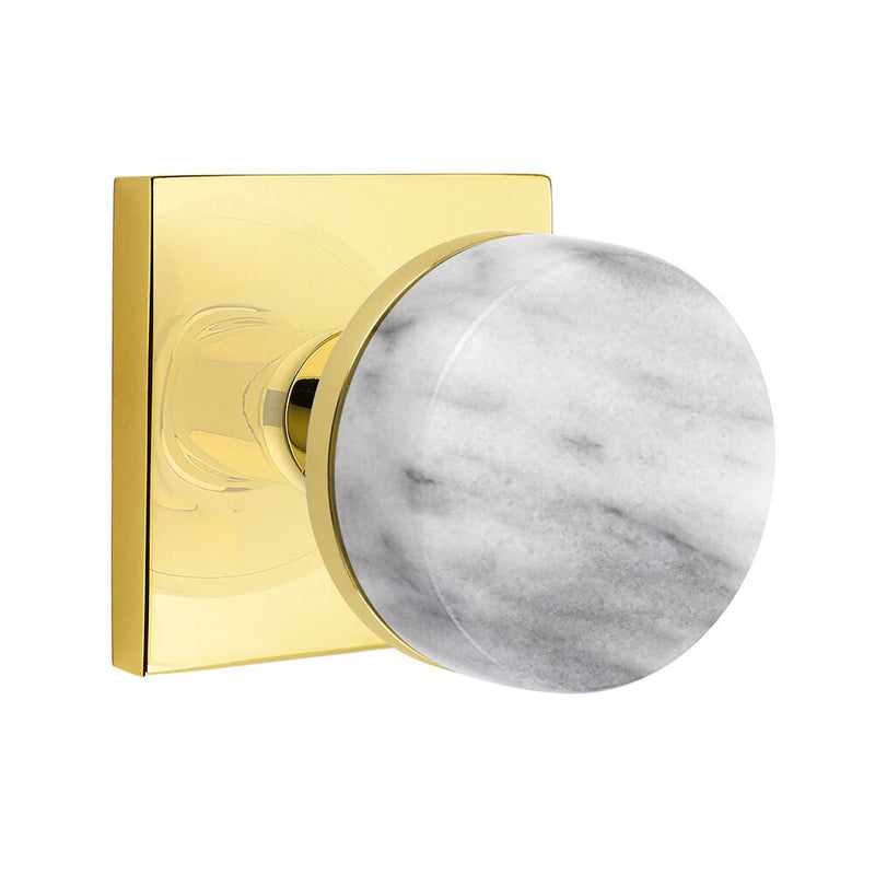 Emtek Dummy Pair Select Conical White Marble Knob with Square Rosette in Unlacquered Brass finish