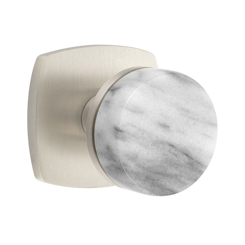 Emtek Dummy Pair Select Conical White Marble Knob with Urban Modern Rosette in Satin Nickel finish