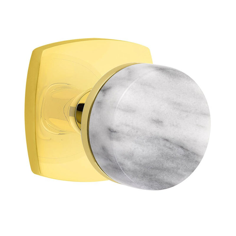 Emtek Dummy Pair Select Conical White Marble Knob with Urban Modern Rosette in Unlacquered Brass finish