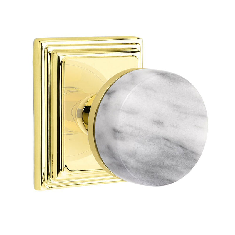 Emtek Dummy Pair Select Conical White Marble Knob with Wilshire Rosette in Unlacquered Brass finish