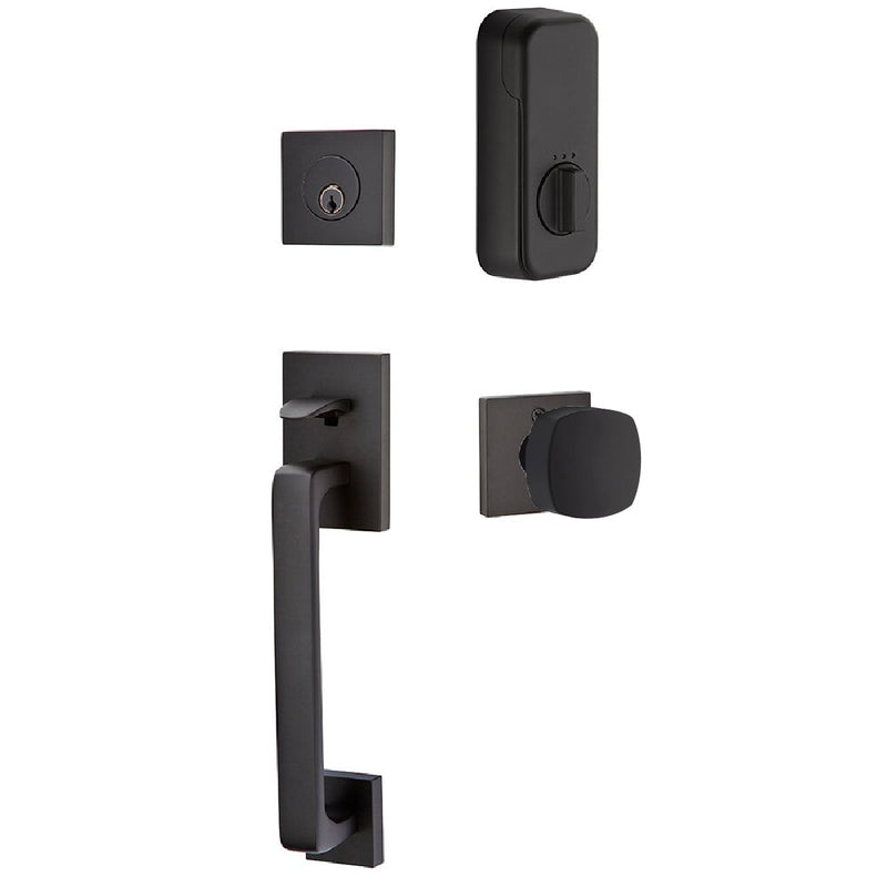 Emtek EMPowered Baden Tubular Entrance Handleset Single Cylinder with Freestone Square Knob in Flat Black finish