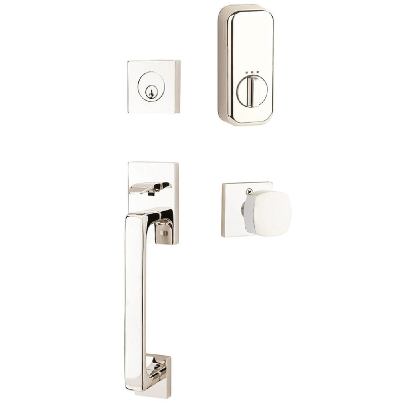 Emtek EMPowered Baden Tubular Entrance Handleset Single Cylinder with Freestone Square Knob in Lifetime Polished Nickel finish