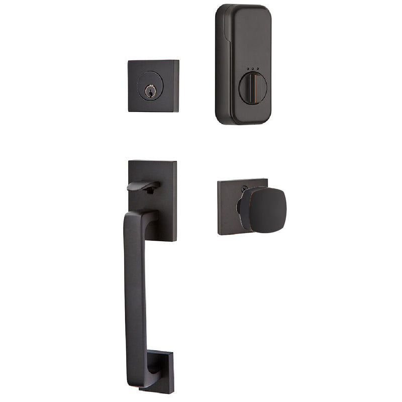 Emtek EMPowered Baden Tubular Entrance Handleset Single Cylinder with Freestone Square Knob in Oil Rubbed Bronze finish