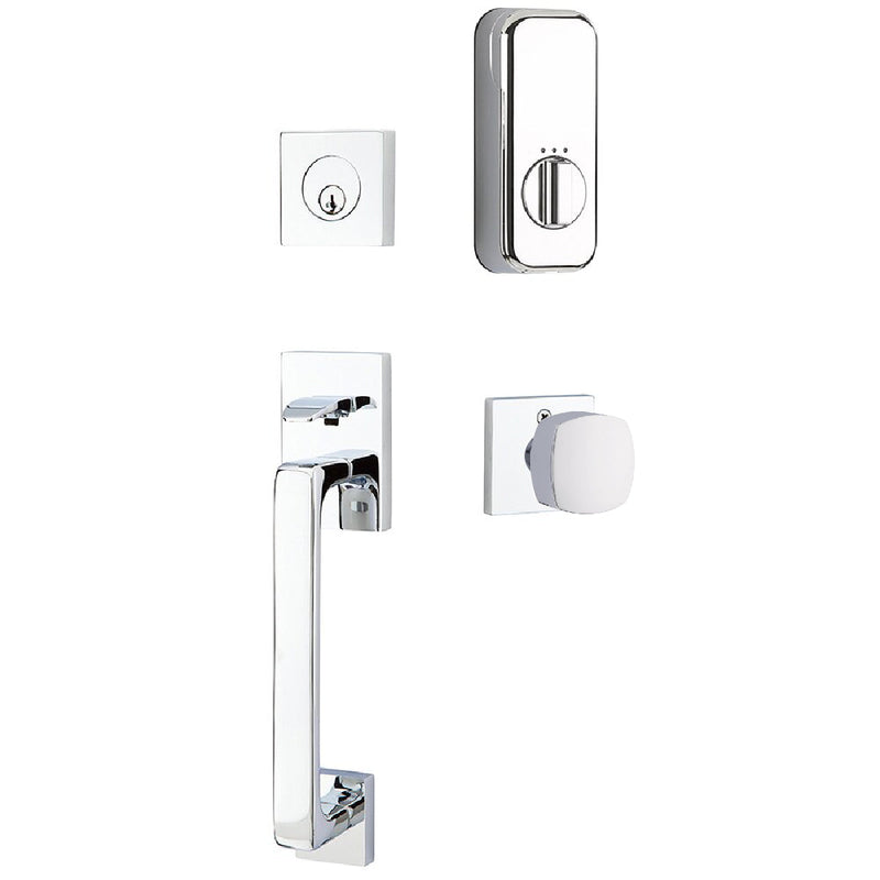 Emtek EMPowered Baden Tubular Entrance Handleset Single Cylinder with Freestone Square Knob in Polished Chrome finish