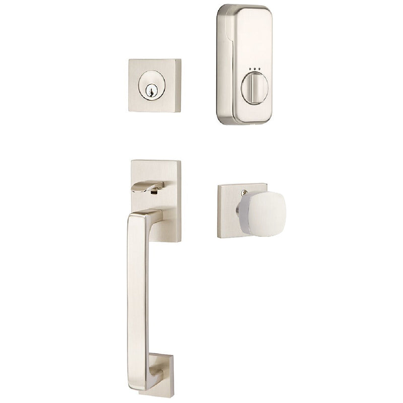 Emtek EMPowered Baden Tubular Entrance Handleset Single Cylinder with Freestone Square Knob in Satin Nickel finish