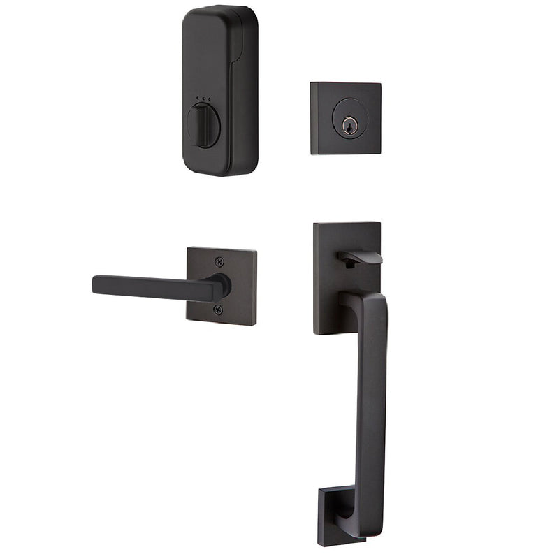 Emtek EMPowered Baden Tubular Entrance Handleset Single Cylinder with Right Handed Freestone Lever in Flat Black finish