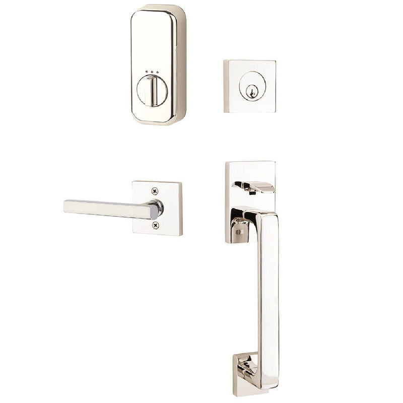 Emtek EMPowered Baden Tubular Entrance Handleset Single Cylinder with Right Handed Freestone Lever in Lifetime Polished Nickel finish