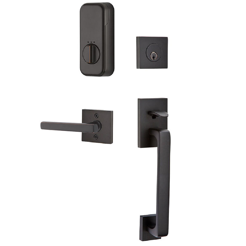 Emtek EMPowered Baden Tubular Entrance Handleset Single Cylinder with Right Handed Freestone Lever in Oil Rubbed Bronze finish