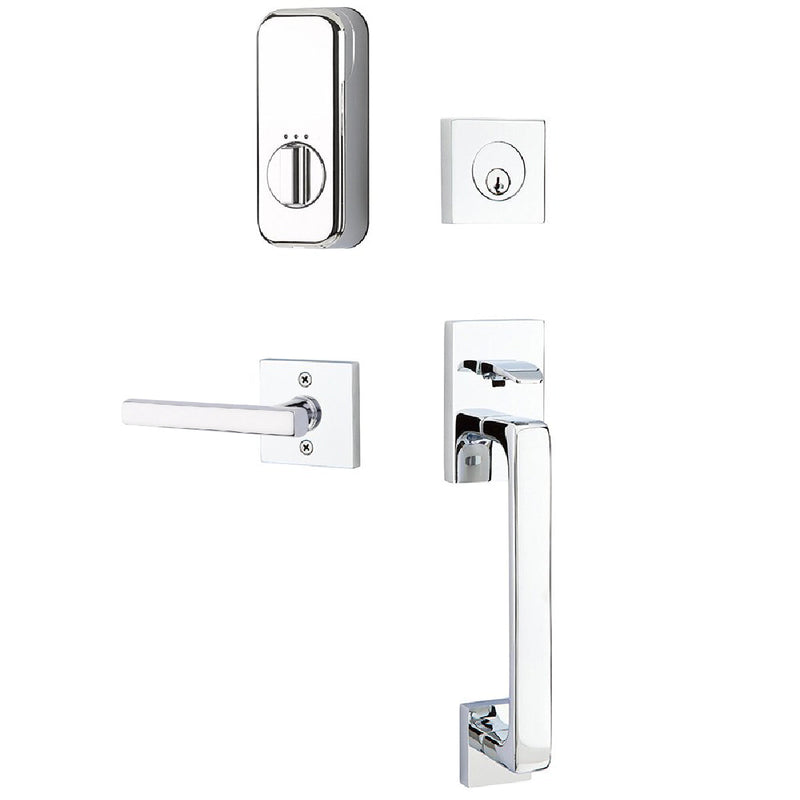 Emtek EMPowered Baden Tubular Entrance Handleset Single Cylinder with Right Handed Freestone Lever in Polished Chrome finish