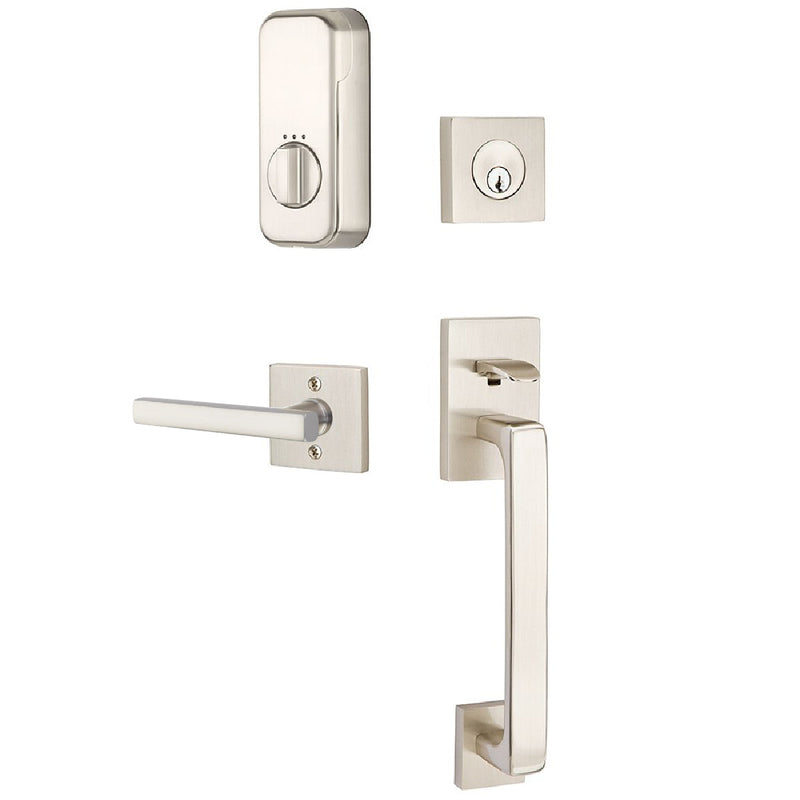 Emtek EMPowered Baden Tubular Entrance Handleset Single Cylinder with Right Handed Freestone Lever in Satin Nickel finish