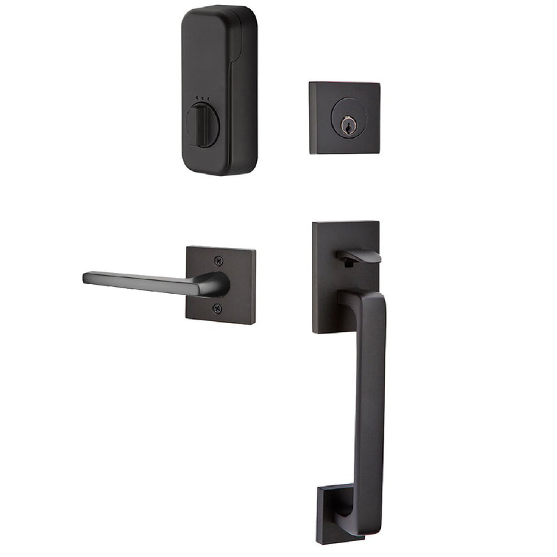 Emtek EMPowered Baden Tubular Entrance Handleset Single Cylinder with Right Handed Helios Lever in Flat Black finish