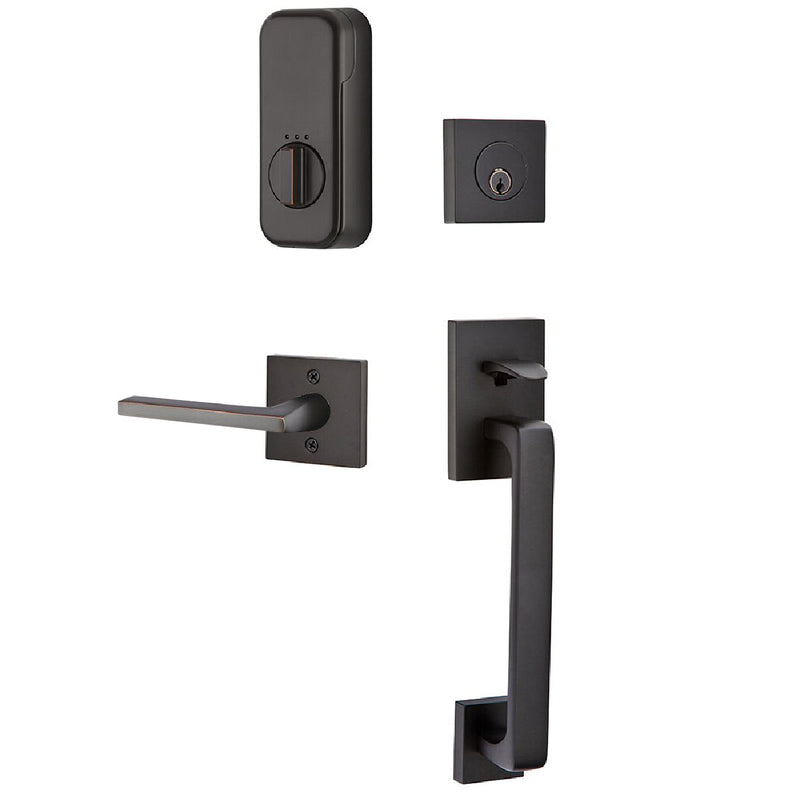 Emtek EMPowered Baden Tubular Entrance Handleset Single Cylinder with Right Handed Helios Lever in Oil Rubbed Bronze finish