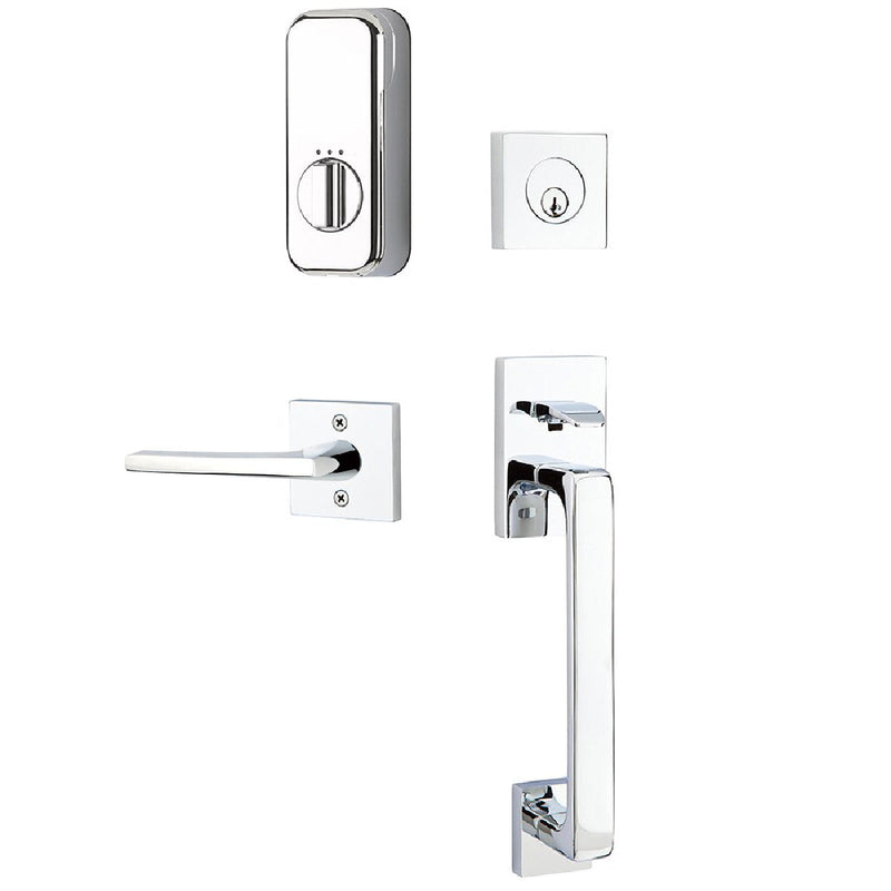 Emtek EMPowered Baden Tubular Entrance Handleset Single Cylinder with Right Handed Helios Lever in Polished Chrome finish