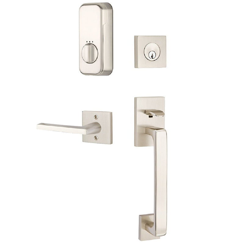 Emtek EMPowered Baden Tubular Entrance Handleset Single Cylinder with Right Handed Helios Lever in Satin Nickel finish