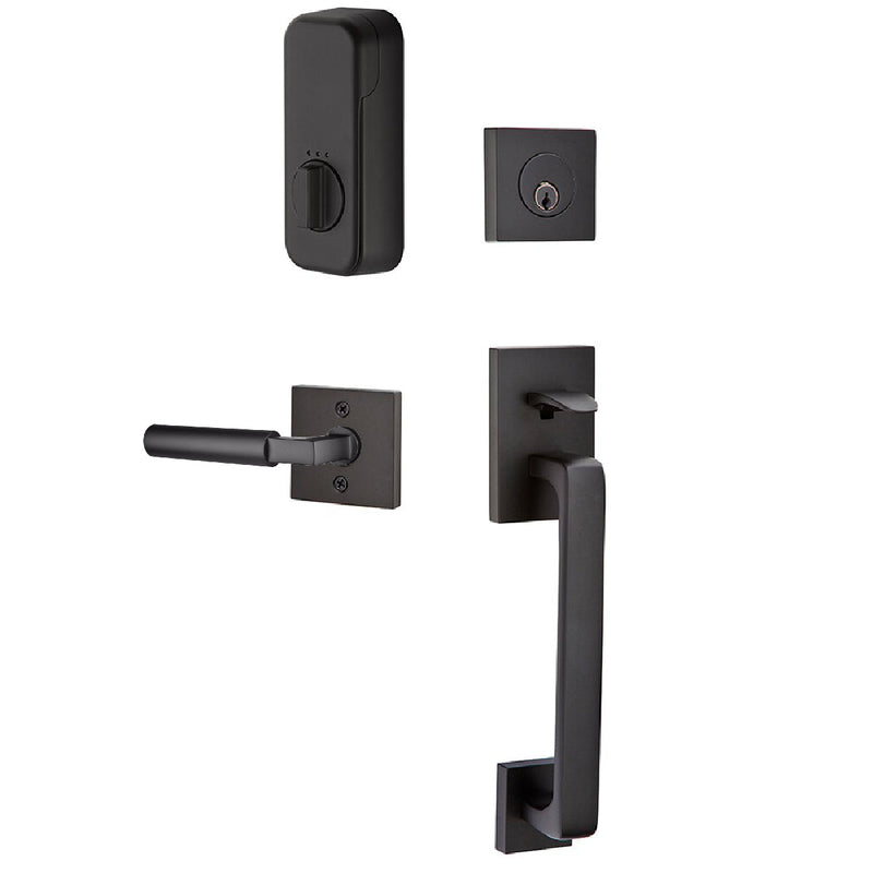 Emtek EMPowered Baden Tubular Entrance Handleset Single Cylinder with Right Handed Hercules Lever in Flat Black finish