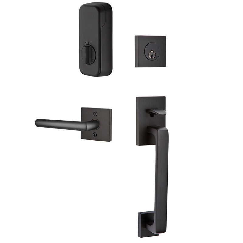 Emtek EMPowered Baden Tubular Entrance Handleset Single Cylinder with Right Handed Stuttgart Lever in Flat Black finish