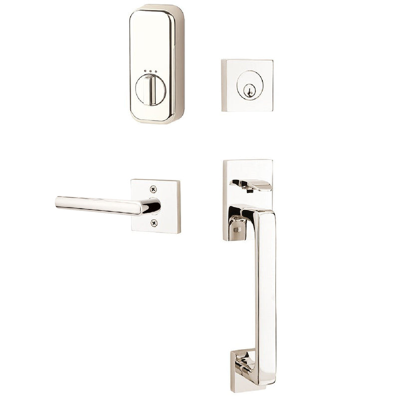 Emtek EMPowered Baden Tubular Entrance Handleset Single Cylinder with Right Handed Stuttgart Lever in Lifetime Polished Nickel finish