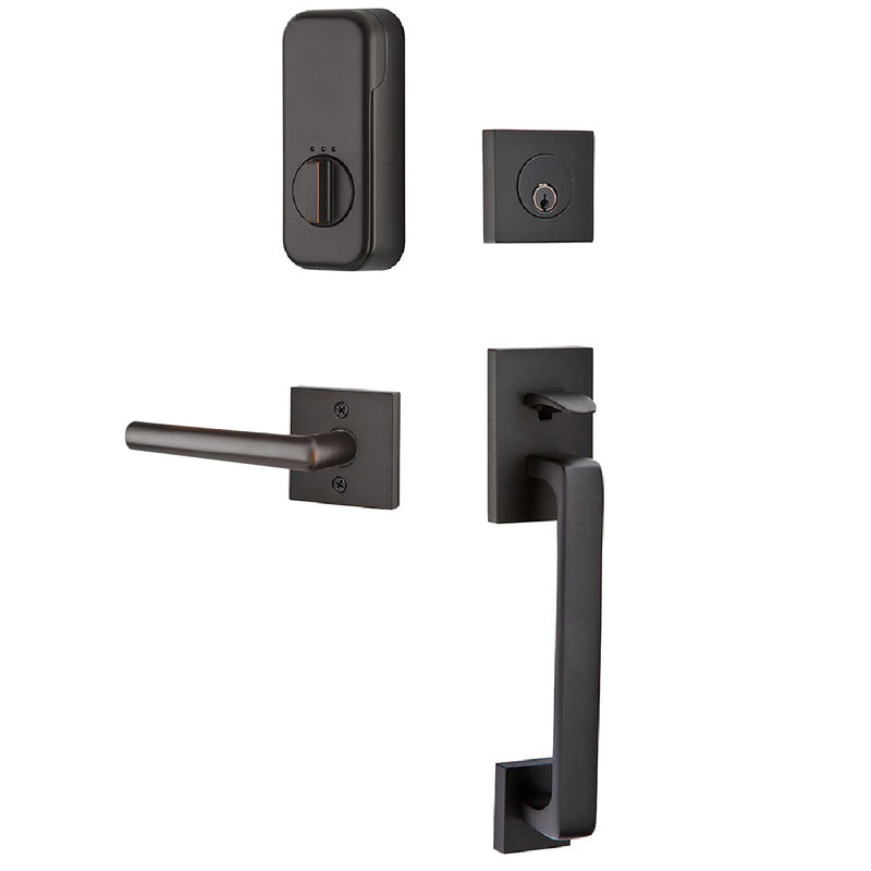 Emtek EMPowered Baden Tubular Entrance Handleset Single Cylinder with Right Handed Stuttgart Lever in Oil Rubbed Bronze finish