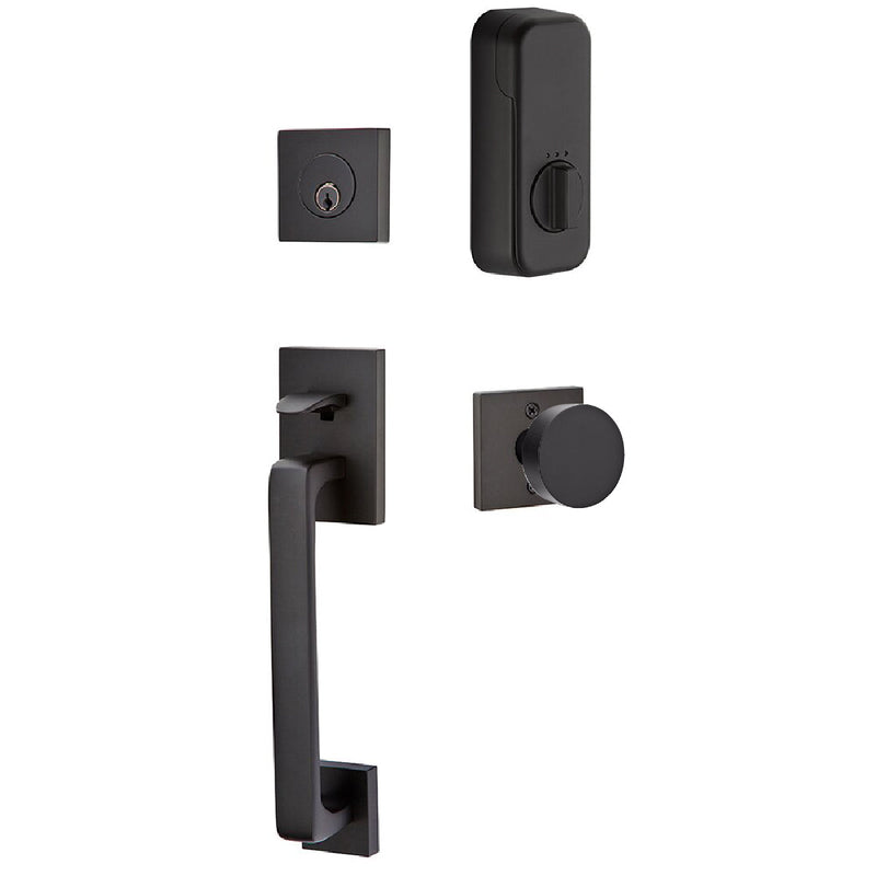 Emtek EMPowered Baden Tubular Entrance Handleset Single Cylinder with Round Knob in Flat Black finish