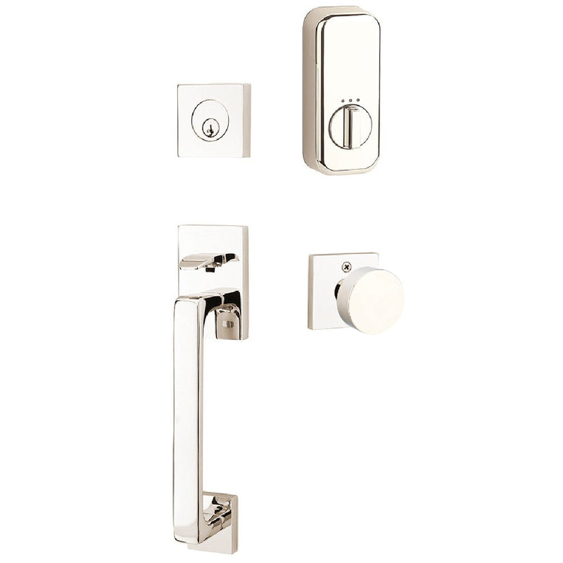 Emtek EMPowered Baden Tubular Entrance Handleset Single Cylinder with Round Knob in Lifetime Polished Nickel finish