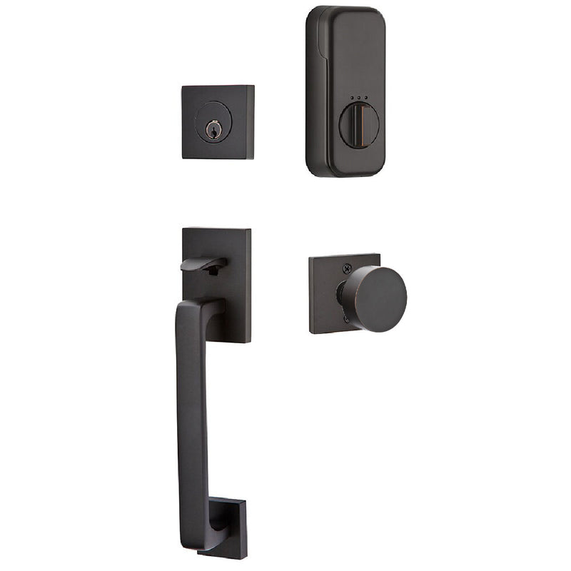 Emtek EMPowered Baden Tubular Entrance Handleset Single Cylinder with Round Knob in Oil Rubbed Bronze finish