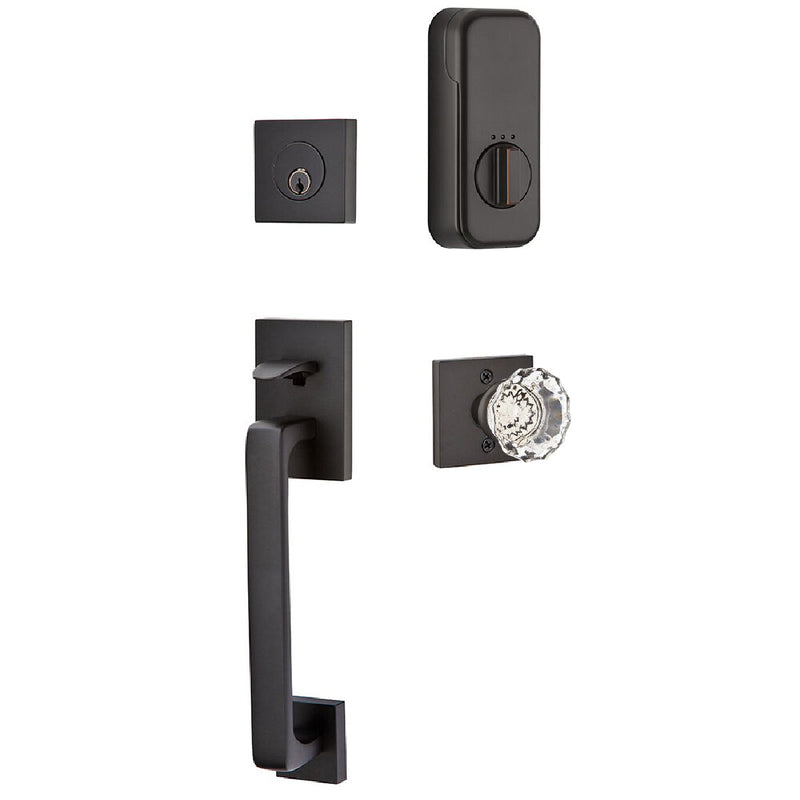 Emtek EMPowered Smart Lock Baden Tubular Single Cylinder Entrance Handleset with Astoria Clear Crystal Knob in Oil Rubbed Bronze finish