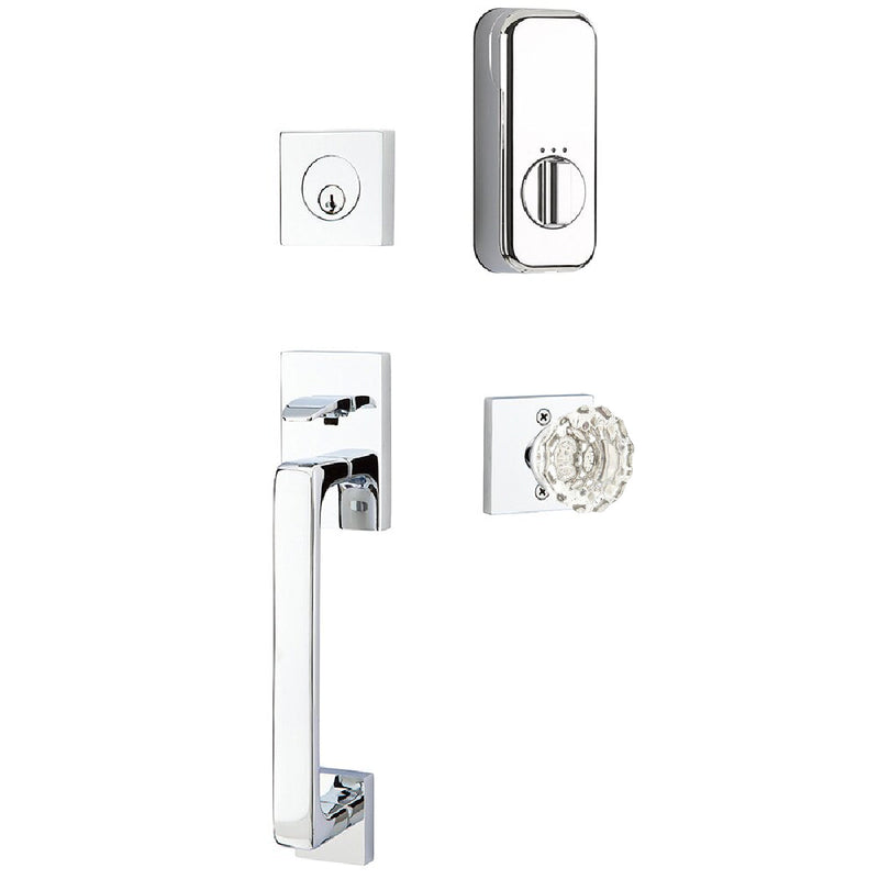 Emtek EMPowered Smart Lock Baden Tubular Single Cylinder Entrance Handleset with Astoria Clear Crystal Knob in Polished Chrome finish