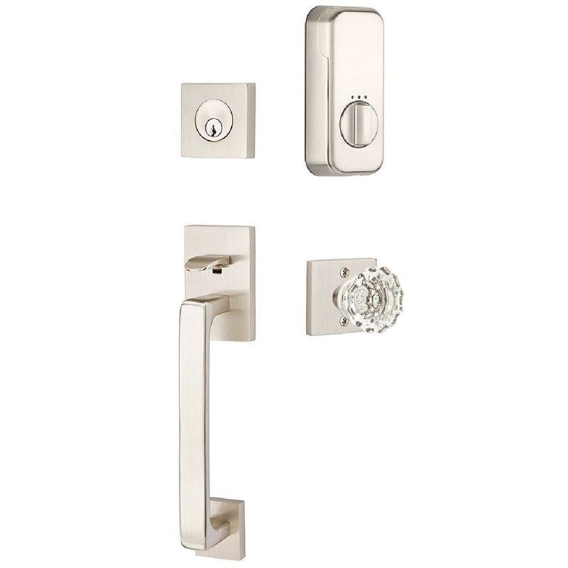 Emtek EMPowered Smart Lock Baden Tubular Single Cylinder Entrance Handleset with Astoria Clear Crystal Knob in Satin Nickel finish